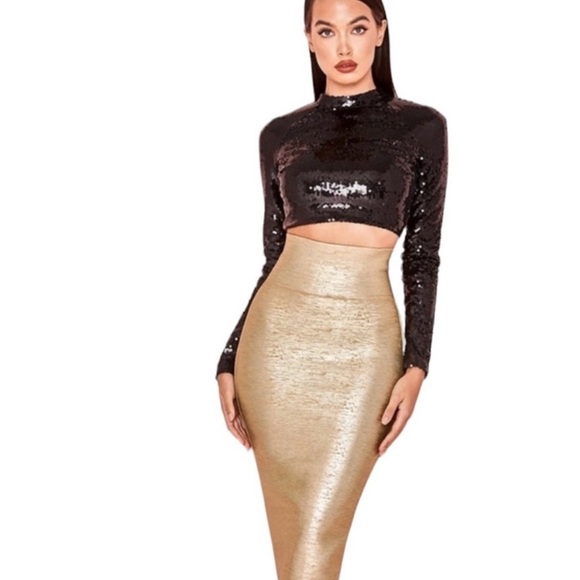 ‼️WOW‼️NEW HOUSE OF CB Michaela Gold Foil Bandage Super High Waisted Skirt ‼️ - Picture 2 of 11